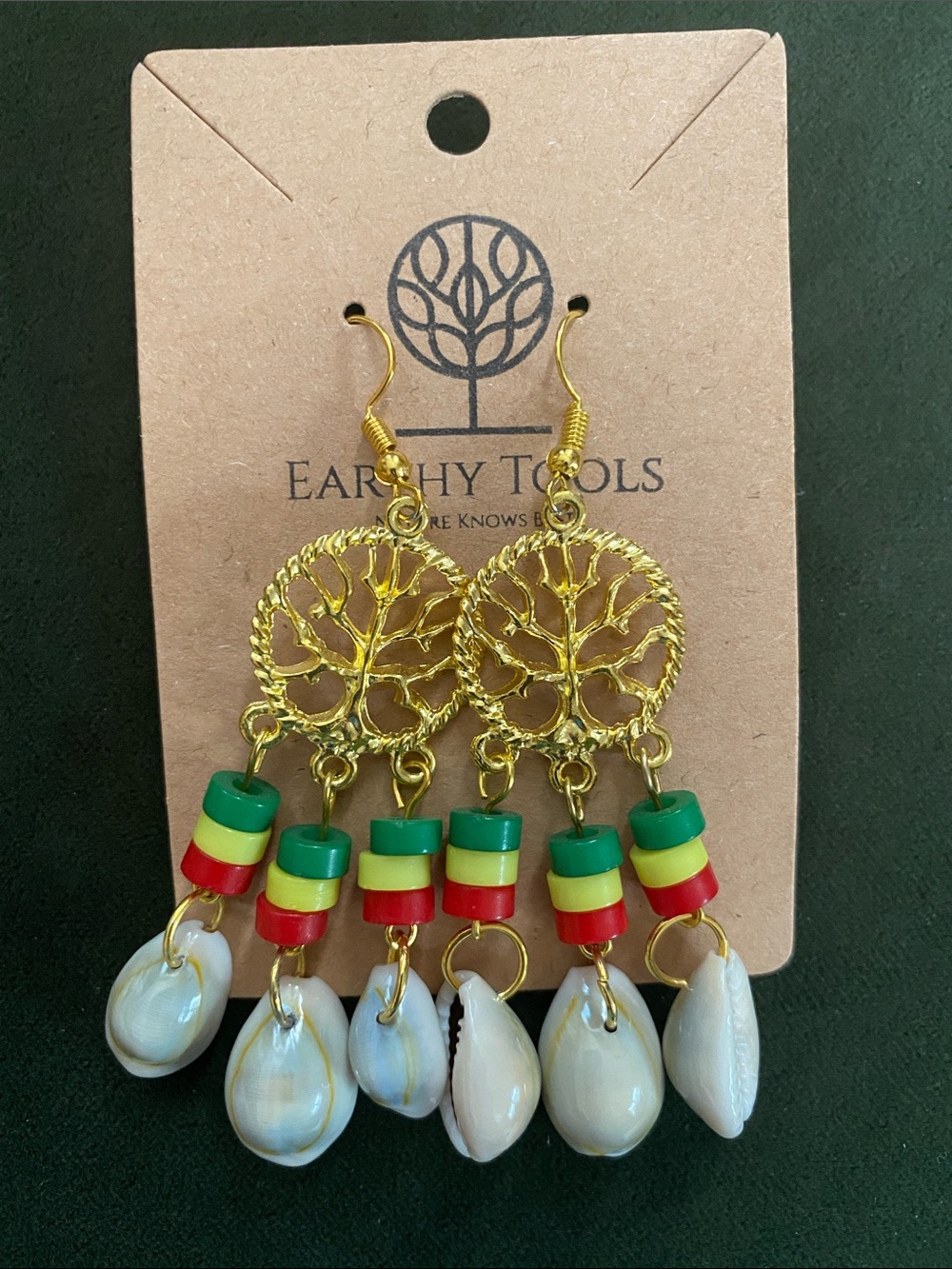 Gold Tree of Life Dangle Earrings with Red, Yellow & Green Accents